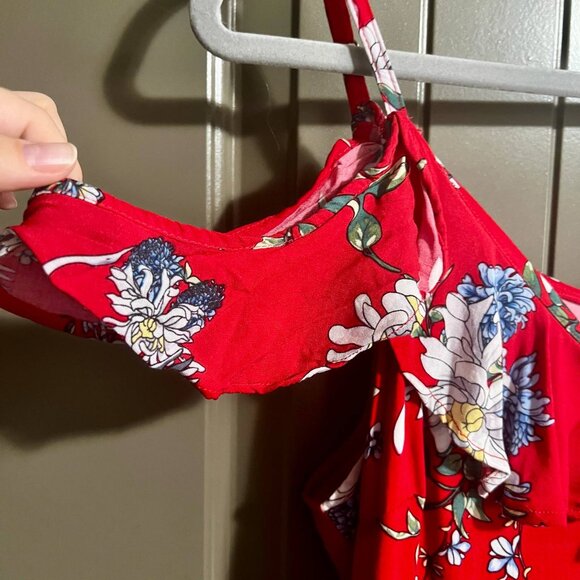 Silver Jeans Co. Red Floral Wrap Dress with Ruffles | Size L | Cranes & Blossoms - Picture 6 of 12